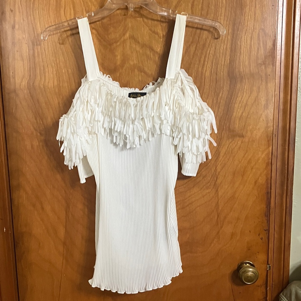 Ashley Stewart White Off-Shoulder Ruffle Pleated Top